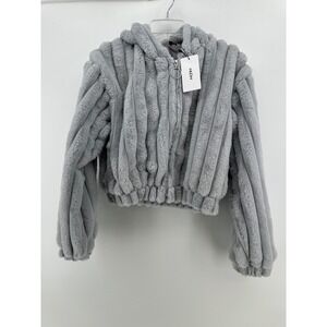 Nuon Westside Silver Grey Ribbed Faux Fur Cropped Hooded Jacket Size M NEW